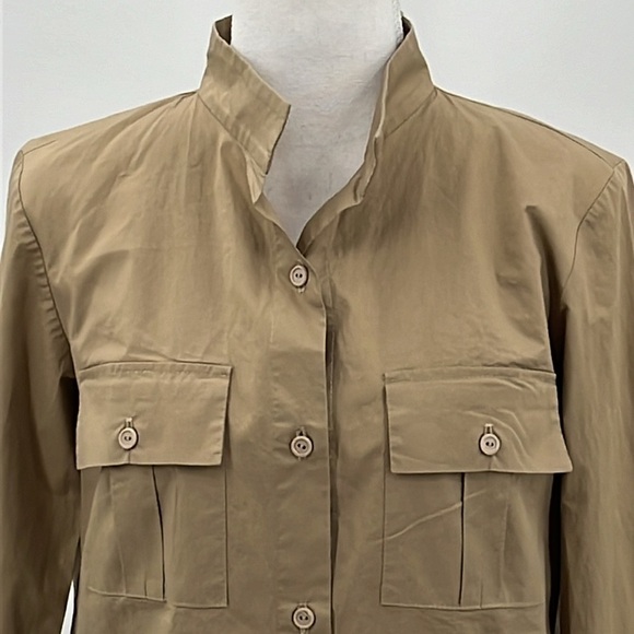 Monica Nera Long Sleeve Mandarin Collar Button Front Shirt in Tan - Size Medium - Picture 2 of 8